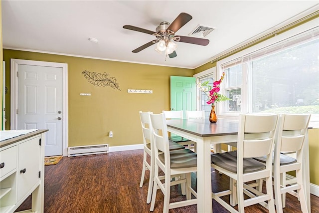 205 Carolyn St, Warwick, RI 02886 - dining area with baseboard heating, a ceiling fan, dark wood finished floors, and ornamental molding