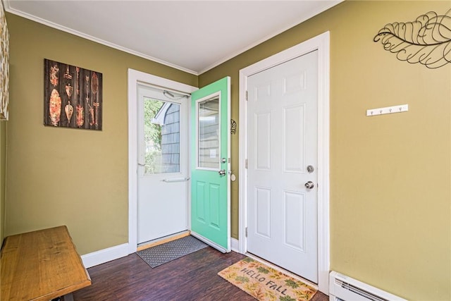205 Carolyn St, Warwick, RI 02886 - foyer featuring dark wood-type flooring, baseboard heating, and ornamental molding