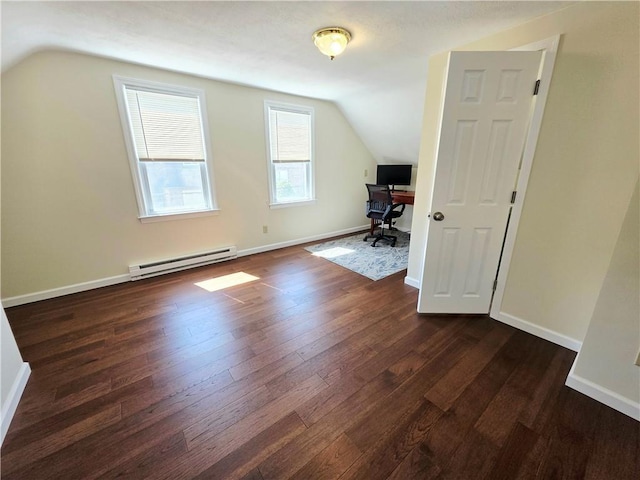 5 Rosemont Ter, North Providence, RI 02911 - bonus room featuring a baseboard radiator, vaulted ceiling, dark wood-type flooring, an office area, and baseboards