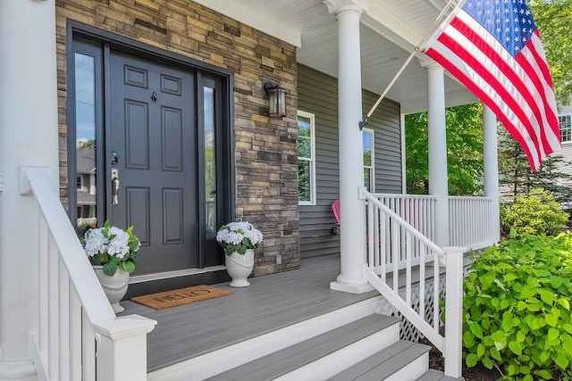 13 Vincent Way, Cumberland, RI 02864 - doorway to property with covered porch and stone siding