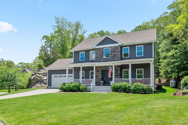 13 Vincent Way, Cumberland, RI 02864 - craftsman inspired home featuring stone siding, an attached garage, a porch, a front yard, and driveway