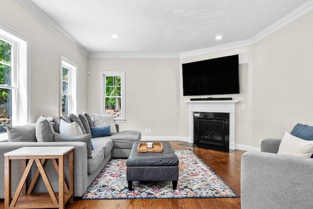 13 Vincent Way, Cumberland, RI 02864 - living room with wood finished floors, crown molding, a fireplace with flush hearth, recessed lighting, and baseboards