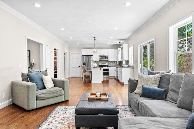 13 Vincent Way, Cumberland, RI 02864 - living area featuring recessed lighting, dark wood-type flooring, ornamental molding, and baseboards