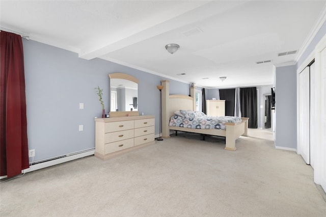 204 Reservoir Ave, Lincoln, RI 02865 - bedroom featuring light carpet, baseboard heating, arched walkways, and crown molding