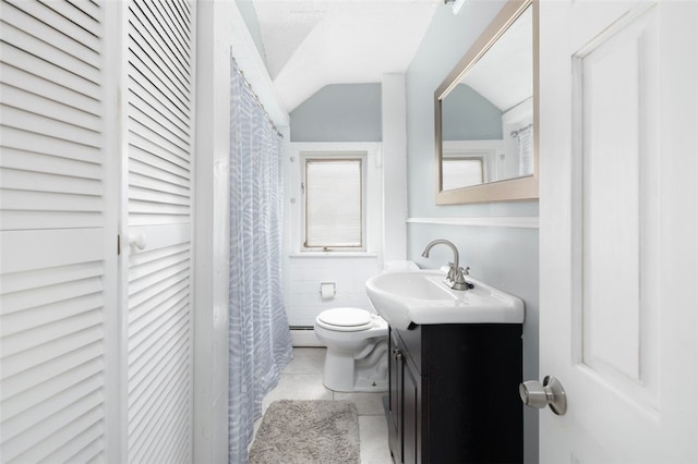 204 Reservoir Ave, Lincoln, RI 02865 - bathroom featuring baseboard heating, vanity, toilet, a closet, and lofted ceiling