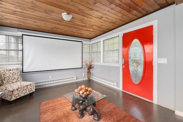 204 Reservoir Ave, Lincoln, RI 02865 - cinema room featuring baseboard heating, a baseboard radiator, wood finished floors, wooden ceiling, and baseboards