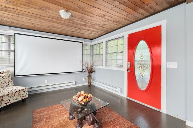 204 Reservoir Ave, Lincoln, RI 02865 - cinema with a baseboard heating unit, a baseboard radiator, wood finished floors, wood ceiling, and baseboards