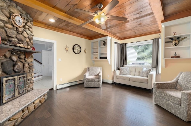 204 Reservoir Ave, Lincoln, RI 02865 - living area featuring wood ceiling, baseboard heating, a stone fireplace, ceiling fan, and wood finished floors