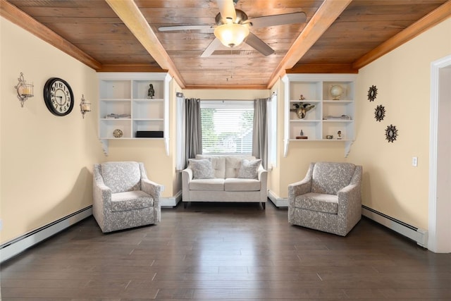 204 Reservoir Ave, Lincoln, RI 02865 - living area featuring wood ceiling with exposed beams, baseboard heating, ceiling fan, dark wood finished floors, and ornamental molding