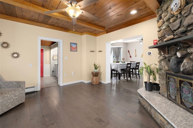 204 Reservoir Ave, Lincoln, RI 02865 - living area with wooden ceiling, a fireplace, a ceiling fan, and baseboard heating
