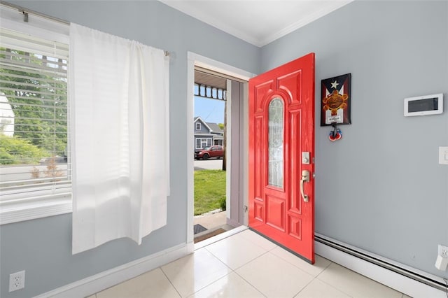 204 Reservoir Ave, Lincoln, RI 02865 - foyer entrance featuring baseboard heating, light tile patterned floors, and crown molding