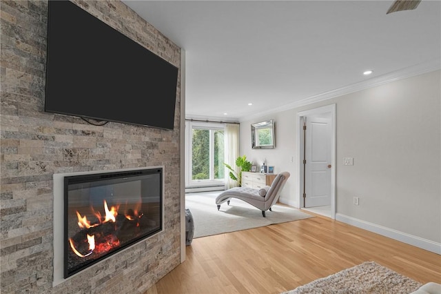 196 Stillwater Rd, Smithfield, RI 02917 - living room with crown molding, wood finished floors, a fireplace, baseboards, and a baseboard radiator