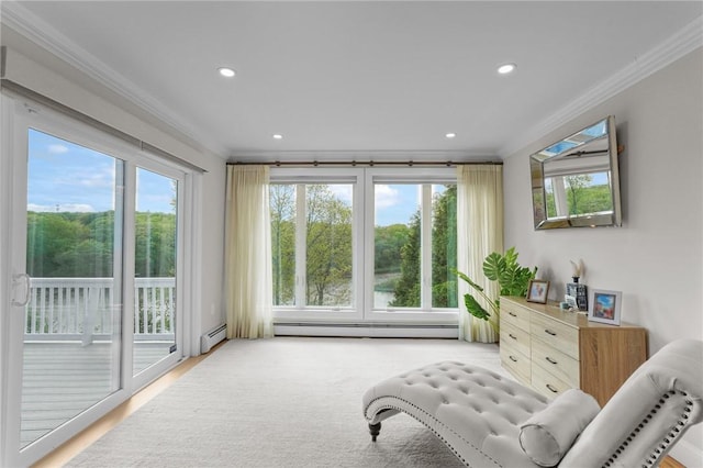 196 Stillwater Rd, Smithfield, RI 02917 - living area featuring ornamental molding, recessed lighting, and baseboard heating