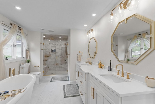 196 Stillwater Rd, Smithfield, RI 02917 - bathroom with a marble finish shower, healthy amount of natural light, double vanity, recessed lighting, and a soaking tub