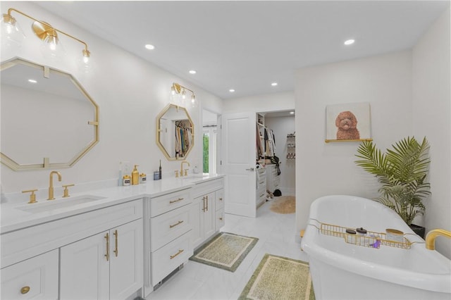 196 Stillwater Rd, Smithfield, RI 02917 - full bath featuring double vanity, a freestanding bath, recessed lighting, and a spacious closet