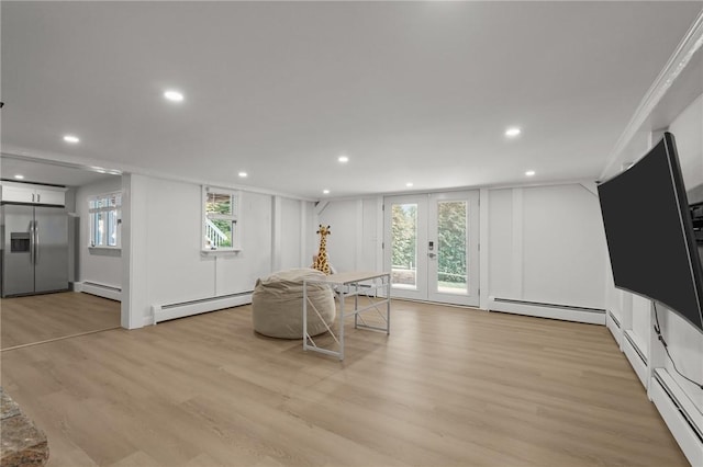 196 Stillwater Rd, Smithfield, RI 02917 - dining area featuring a baseboard heating unit, light wood-style flooring, recessed lighting, and french doors