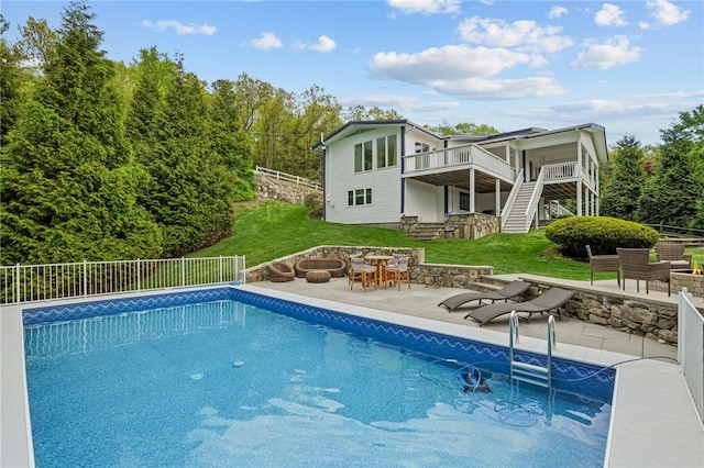 196 Stillwater Rd, Smithfield, RI 02917 - outdoor pool featuring a fire pit, stairway, a patio, a deck, and outdoor dining area