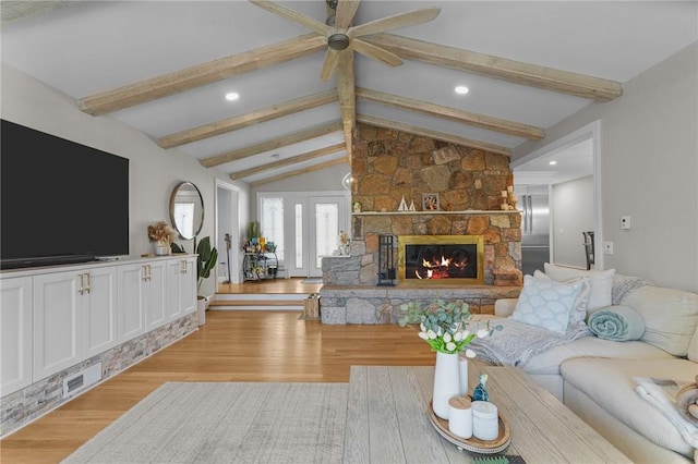 196 Stillwater Rd, Smithfield, RI 02917 - living room with light wood finished floors, ceiling fan, a fireplace, and recessed lighting