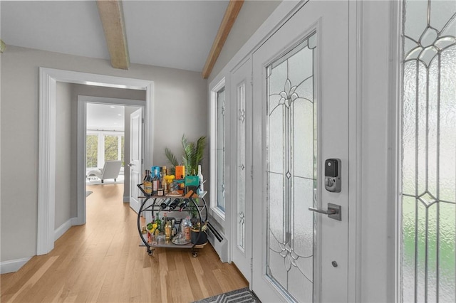 196 Stillwater Rd, Smithfield, RI 02917 - foyer featuring beamed ceiling, light wood finished floors, baseboard heating, and baseboards