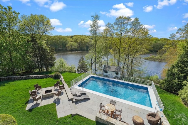 196 Stillwater Rd, Smithfield, RI 02917 - swimming pool with a water view, a patio area, an outdoor living space with a fire pit, and an outbuilding