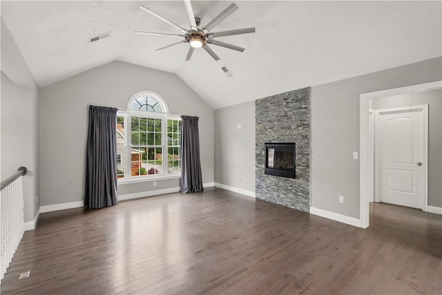 228 Morse Ave, Woonsocket, RI 02895 - unfurnished living room featuring ceiling fan, dark wood-style floors, lofted ceiling, a fireplace, and baseboards