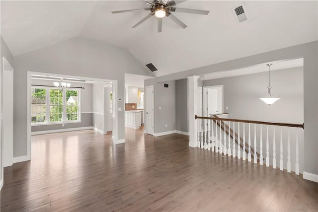 228 Morse Ave, Woonsocket, RI 02895 - unfurnished room featuring a chandelier, a ceiling fan, wood finished floors, lofted ceiling, and baseboards
