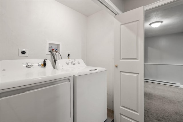 228 Morse Ave, Woonsocket, RI 02895 - laundry area featuring a baseboard heating unit, washing machine and clothes dryer, and carpet