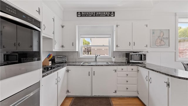 21 Meadowrue Trl, Narragansett, RI 02874 - kitchen with a sink, stainless steel microwave, ornamental molding, plenty of natural light, and backsplash