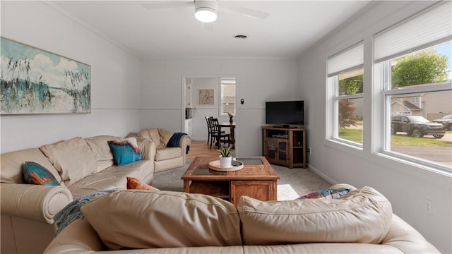 21 Meadowrue Trl, Narragansett, RI 02874 - living area with crown molding, a ceiling fan, and carpet floors