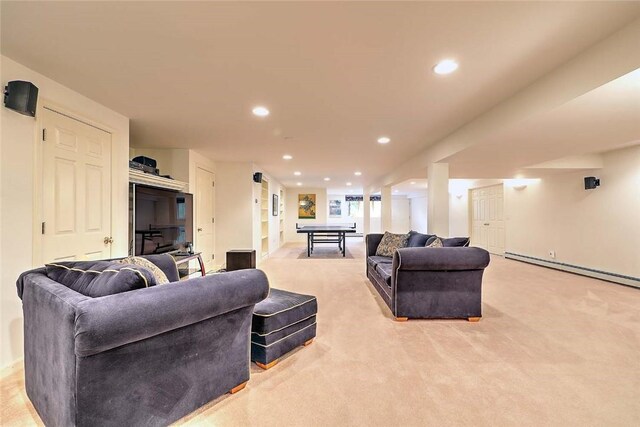 60 Pheasant Dr, East Greenwich, RI 02818 - living area featuring a baseboard radiator, light carpet, and recessed lighting