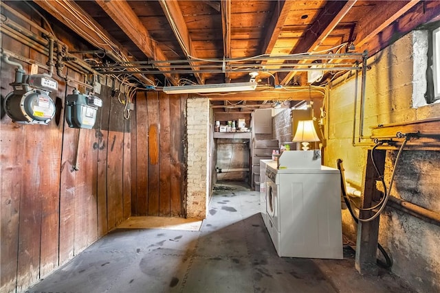 1362 Newport Ave, Pawtucket, RI 02861 - unfinished below grade area with washer / clothes dryer, wooden walls, and gas meter