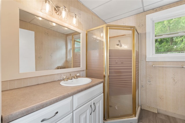1875 Smith St, North Providence, RI 02911 - bathroom featuring vanity, a shower stall, tile walls, and wood finished floors