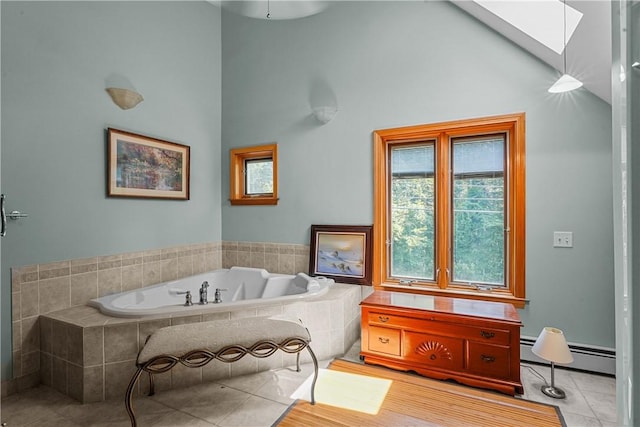 94 S Shore Rd, Burrillville, RI 02859 - bathroom with a skylight, a garden tub, high vaulted ceiling, a baseboard heating unit, and tile patterned floors