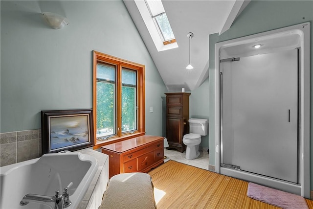 94 S Shore Rd, Burrillville, RI 02859 - bathroom featuring a skylight, lofted ceiling, plenty of natural light, a shower stall, and a jetted tub