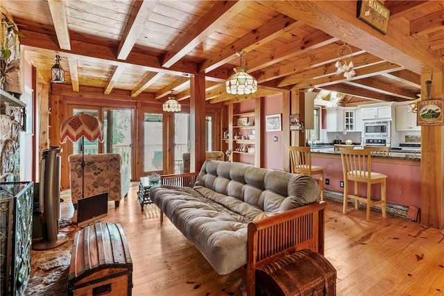 94 S Shore Rd, Burrillville, RI 02859 - living area with light wood-type flooring, a chandelier, and wood ceiling with exposed beams