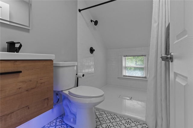 36 Ruth Ave, East Providence, RI 02916 - bathroom featuring a shower with curtain, toilet, lofted ceiling, and vanity