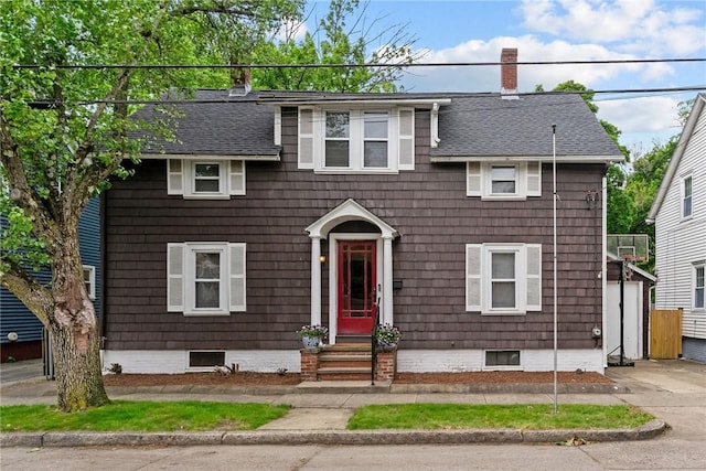 36 Ruth Ave, East Providence, RI 02916 - view of front of house with entry steps, roof with shingles, and a chimney