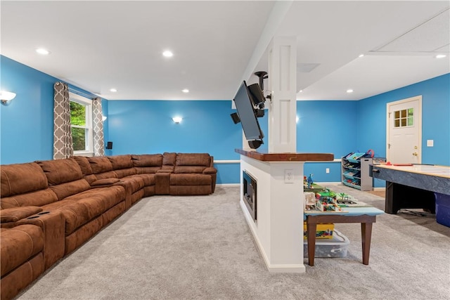 101 Huckleberry Rd, North Kingstown, RI 02852 - living room featuring carpet floors, recessed lighting, and attic access