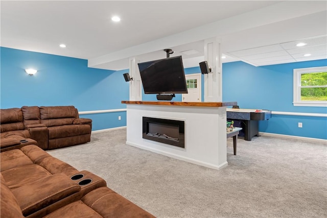 101 Huckleberry Rd, North Kingstown, RI 02852 - carpeted living area with baseboards, recessed lighting, and a fireplace