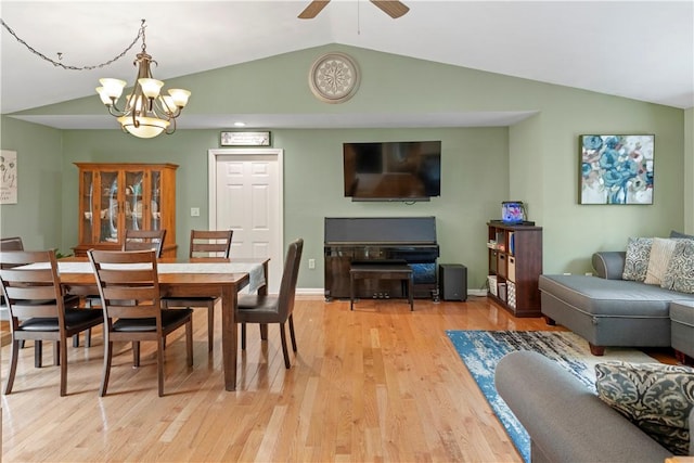 101 Huckleberry Rd, North Kingstown, RI 02852 - dining space featuring vaulted ceiling, light wood-style floors, a chandelier, ceiling fan, and baseboards