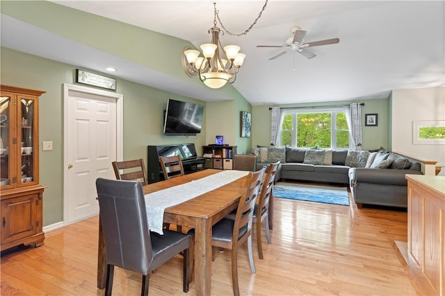 101 Huckleberry Rd, North Kingstown, RI 02852 - dining space with light wood finished floors, vaulted ceiling, a chandelier, recessed lighting, and ceiling fan