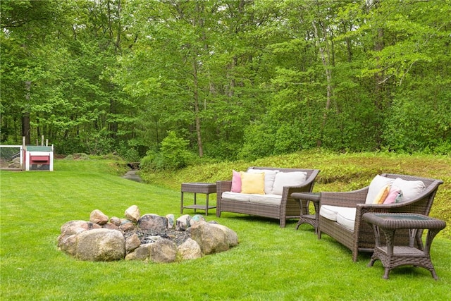 101 Huckleberry Rd, North Kingstown, RI 02852 - view of grassy yard featuring an outdoor living space and a wooded view