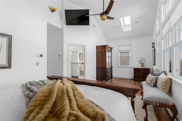 85 Frigate St, Jamestown, RI 02832 - bedroom featuring high vaulted ceiling, a skylight, wood finished floors, and a ceiling fan