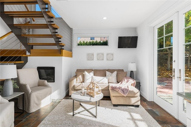 85 Frigate St, Jamestown, RI 02832 - living area featuring recessed lighting, stairway, baseboards, and stone tile flooring