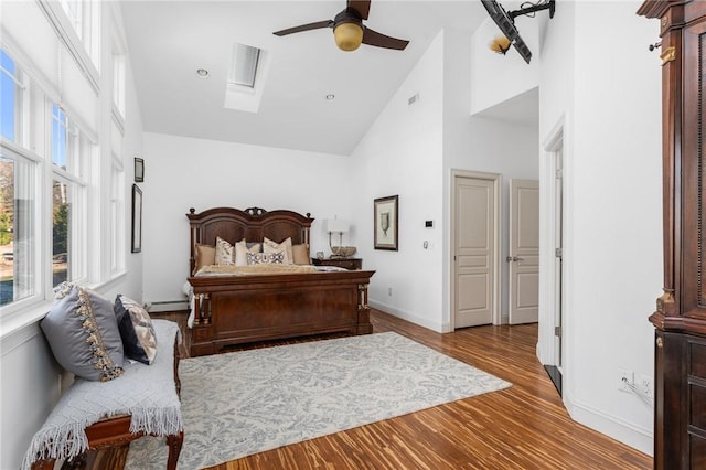 85 Frigate St, Jamestown, RI 02832 - bedroom featuring high vaulted ceiling, a skylight, wood finished floors, baseboards, and ceiling fan