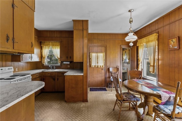 8 Tampa St, West Warwick, RI 02893 - kitchen featuring electric stove, light countertops, wooden walls, a sink, and brown cabinetry