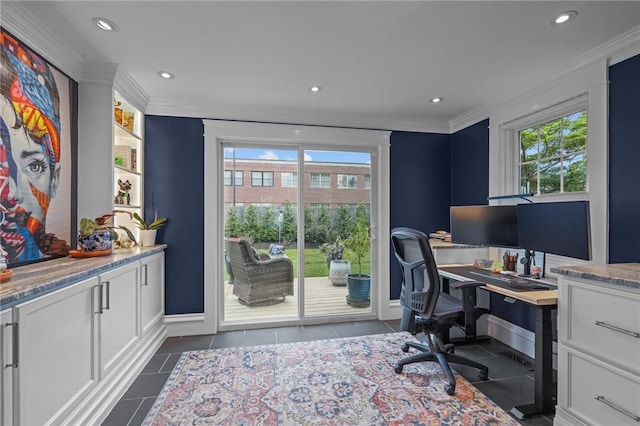 11 Elmcroft Ave, Providence, RI 02909 - office with ornamental molding, dark tile patterned flooring, recessed lighting, and baseboards