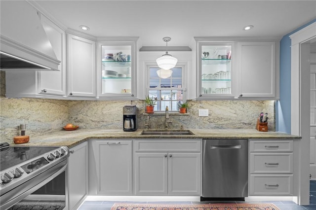 11 Elmcroft Ave, Providence, RI 02909 - kitchen featuring custom range hood, appliances with stainless steel finishes, a sink, white cabinetry, and recessed lighting