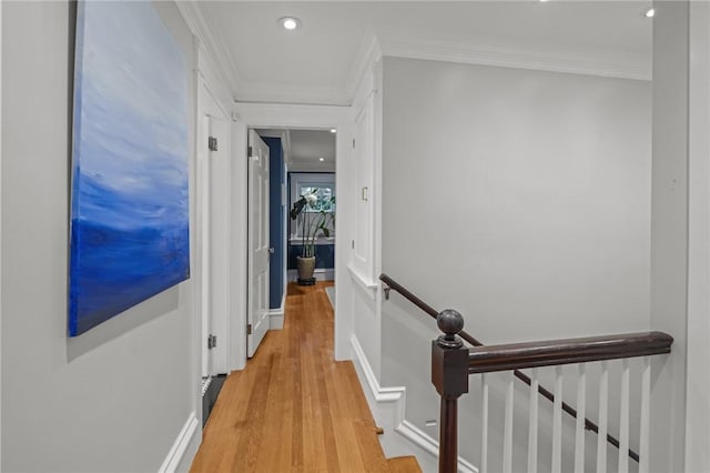 11 Elmcroft Ave, Providence, RI 02909 - corridor featuring light wood-style flooring, an upstairs landing, crown molding, and recessed lighting