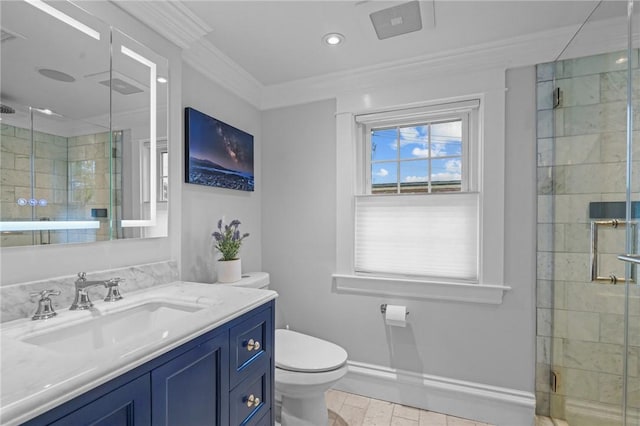 11 Elmcroft Ave, Providence, RI 02909 - full bathroom featuring toilet, vanity, a shower stall, crown molding, and baseboards